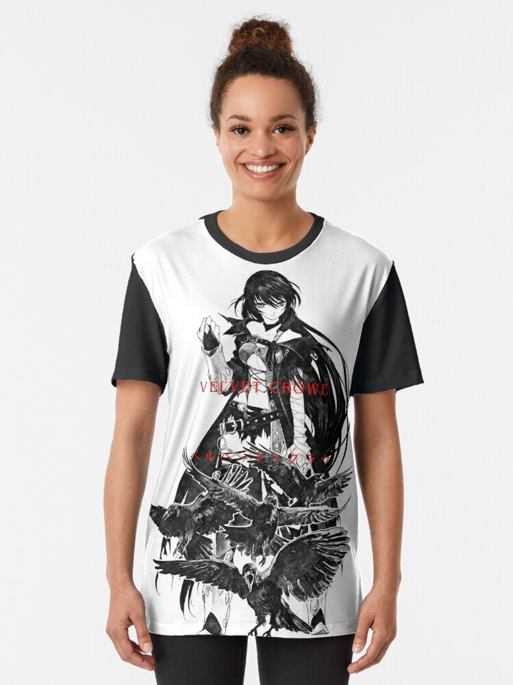 Graphic t-shirt featuring a pencil-drawn design with an anime-inspired revenge theme, inspired by the Tales of Berseria video game. - Women