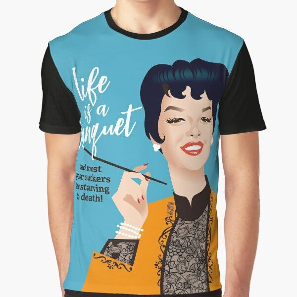 "Banquet!" graphic t-shirt design featuring Rosalind Russell's iconic quote from the movie "Auntie Mame"