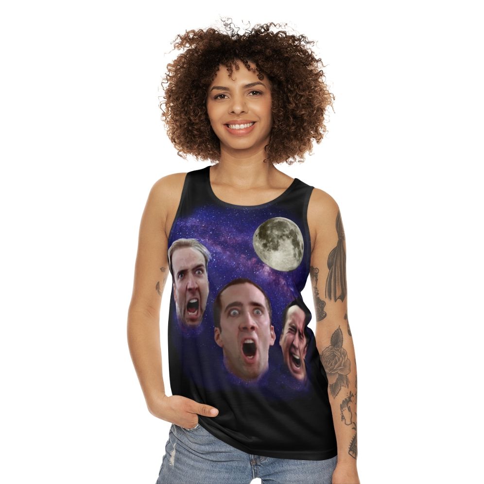 Unisex tank top featuring a Three Cage Moon meme design - women