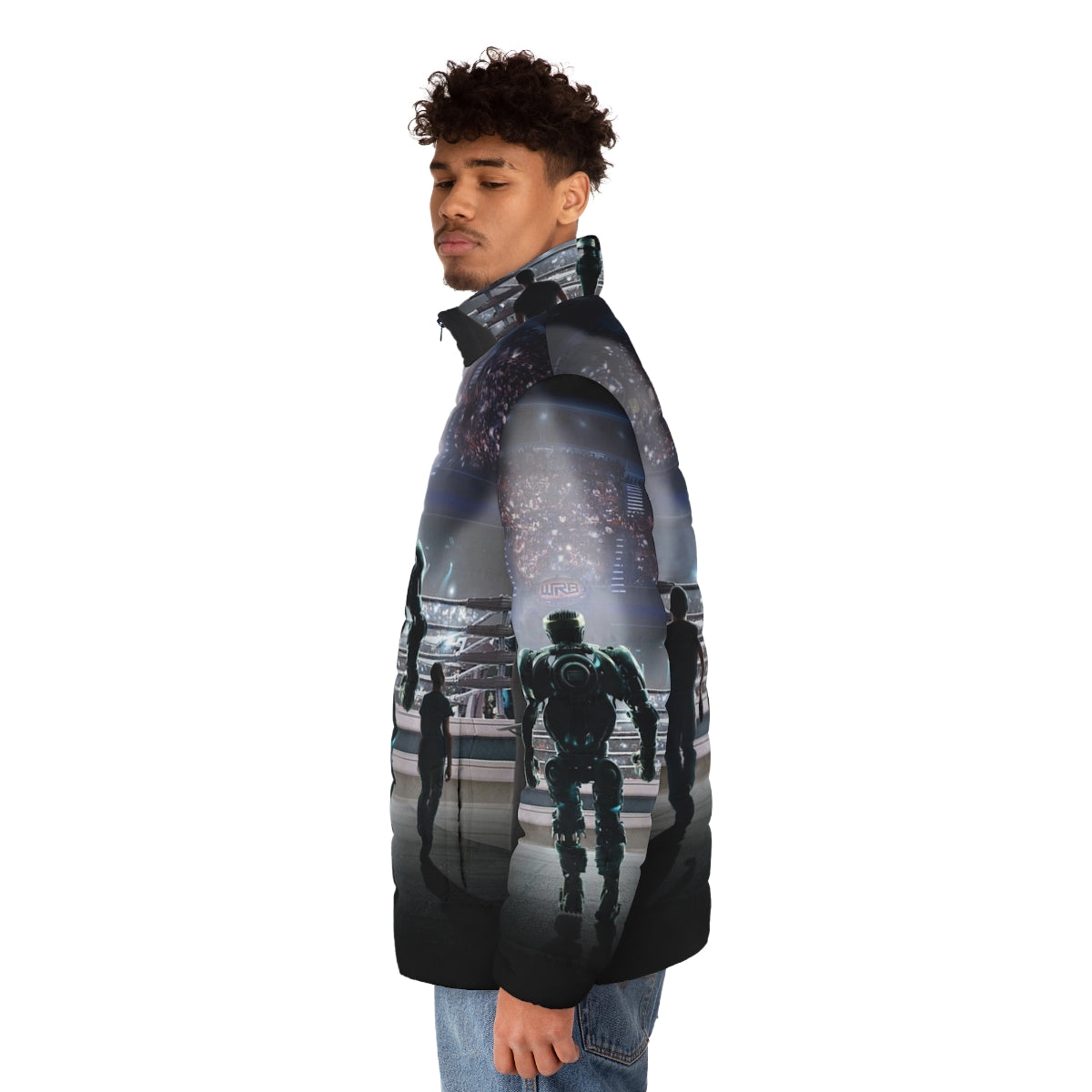 Man wearing a Real Steel movie-inspired puffer jacket - men side left