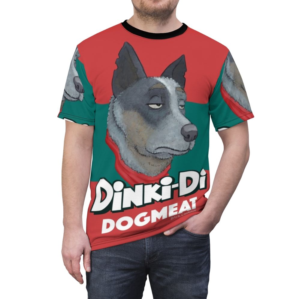 Graphic t-shirt featuring a cartoon dog in a post-apocalyptic, dystopian setting - men front