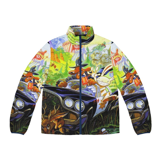 Sam Max Retro Puffer Jacket - High Contrast Gaming Apparel featuring pixel art design