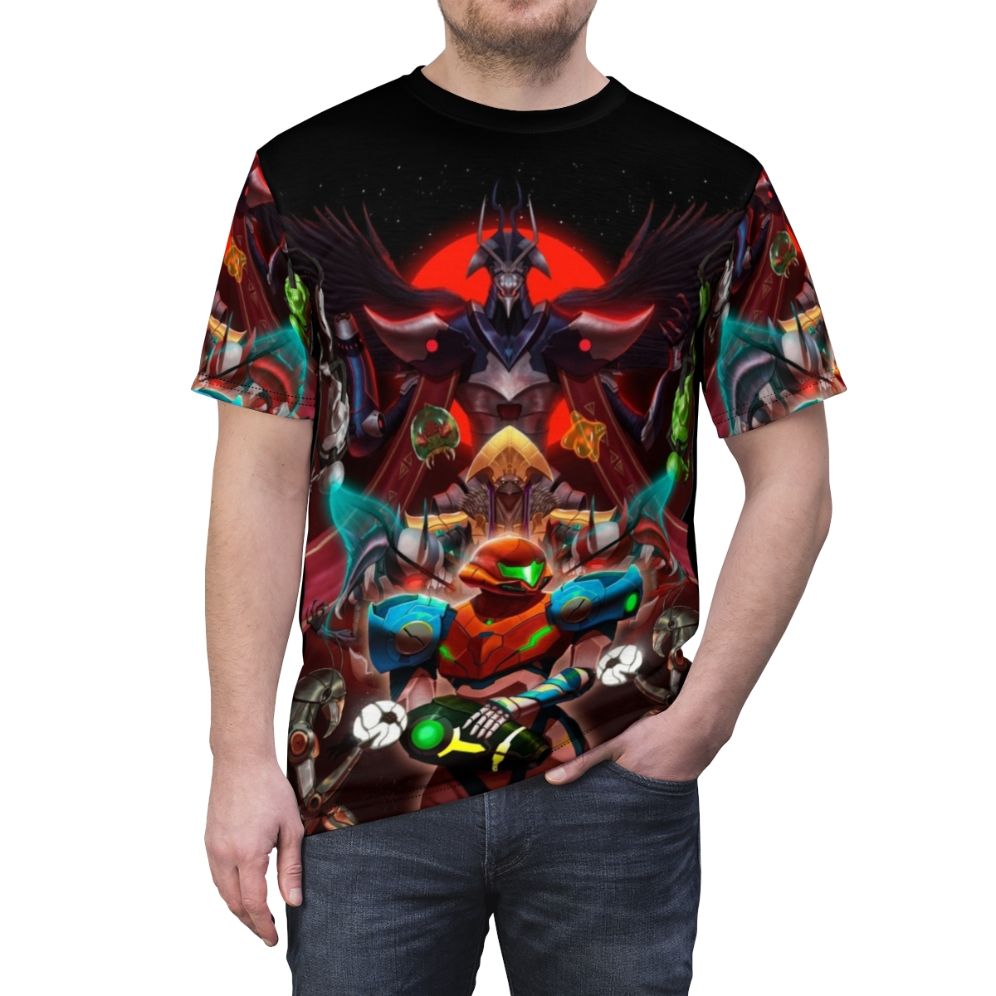 Metroid Dread-inspired artwork printed on a high-quality t-shirt for video game fans - men front