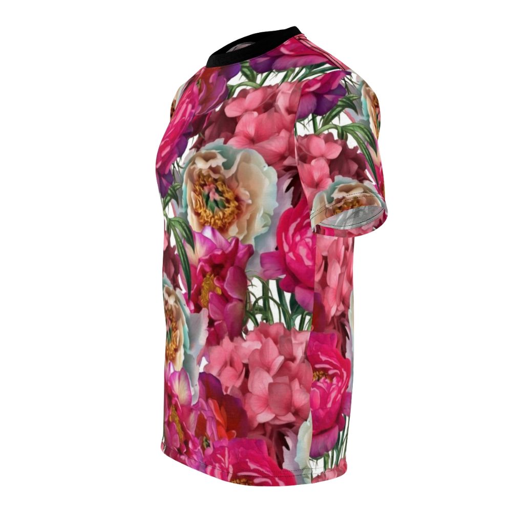 Colorful watercolor bouquet of flowers including peonies, hydrangeas, and other blooming plants on a t-shirt. - men left