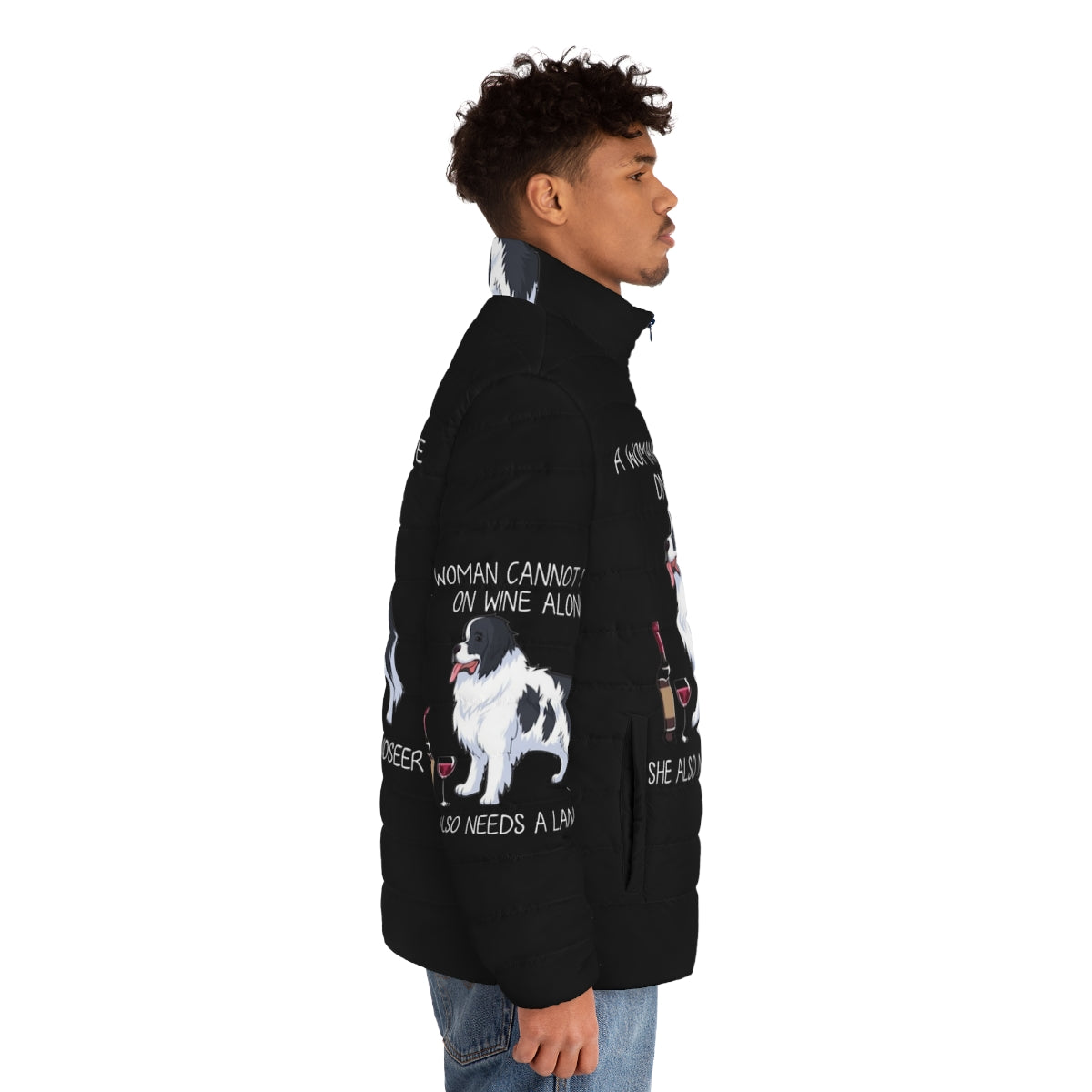 Landseer dog wearing a puffer jacket with a funny dog and wine graphic - men side right