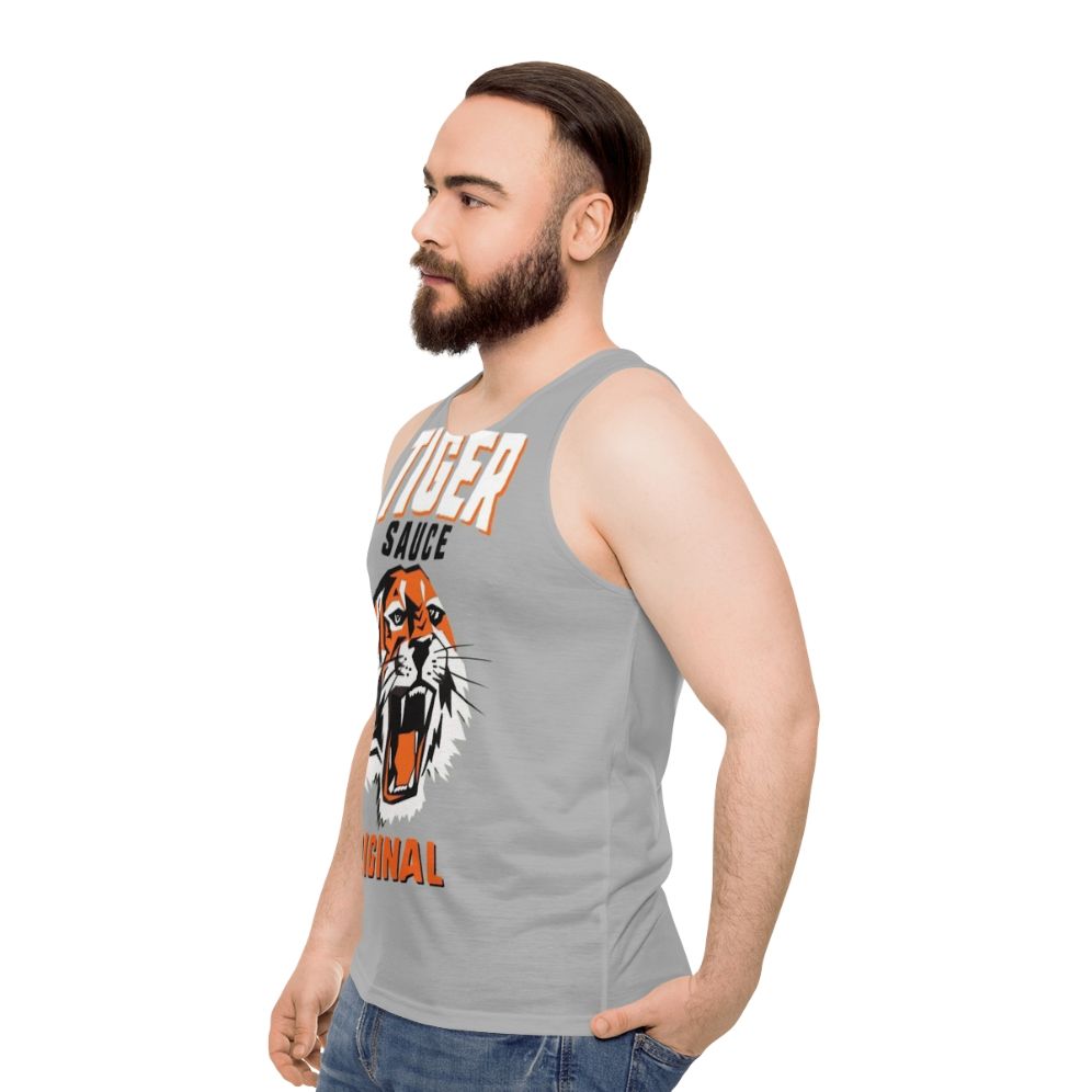 Unisex tank top with tiger sauce graphic - men side