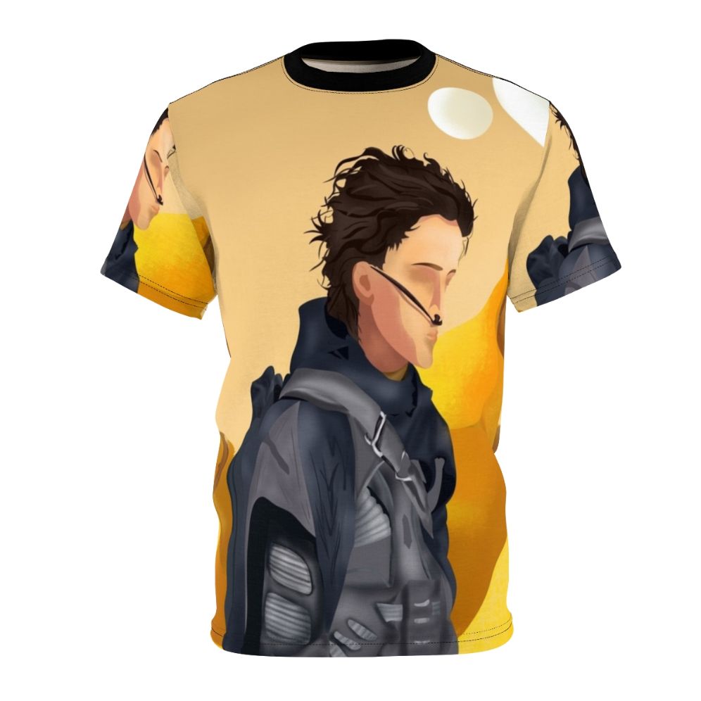 Dune-inspired t-shirt featuring the moons of Arrakis and a stylized portrait of Paul Atreides