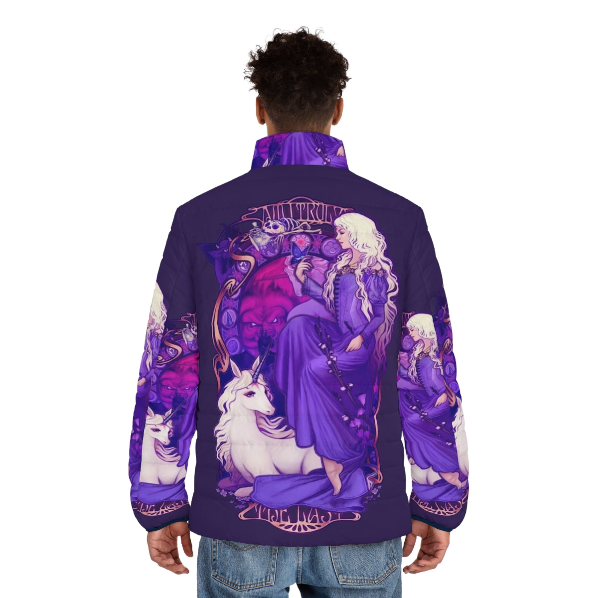 A puffer jacket with a retro, art nouveau-inspired unicorn design - men back