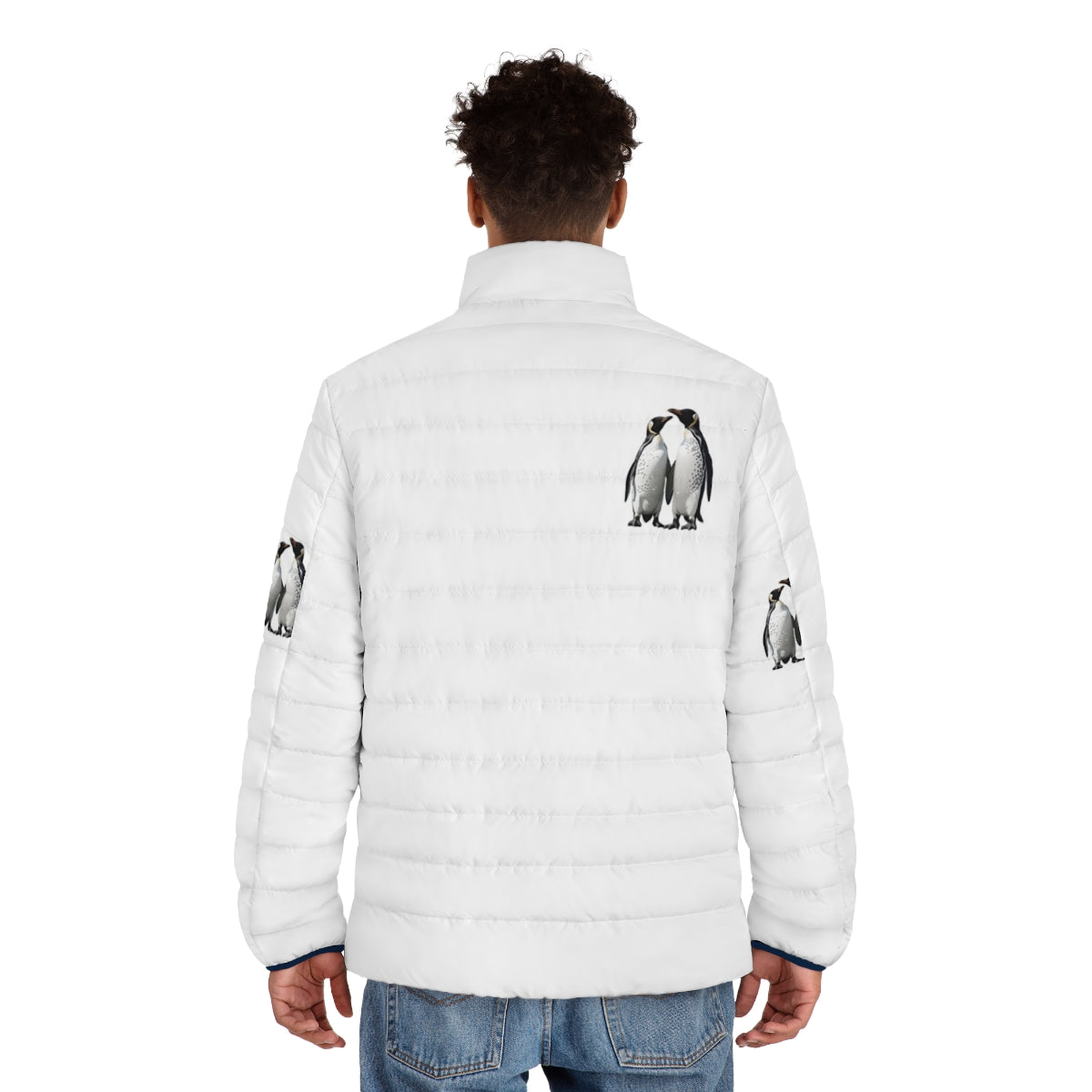 Two loving penguins printed on a puffer jacket, a unique and stylish winter accessory - men back