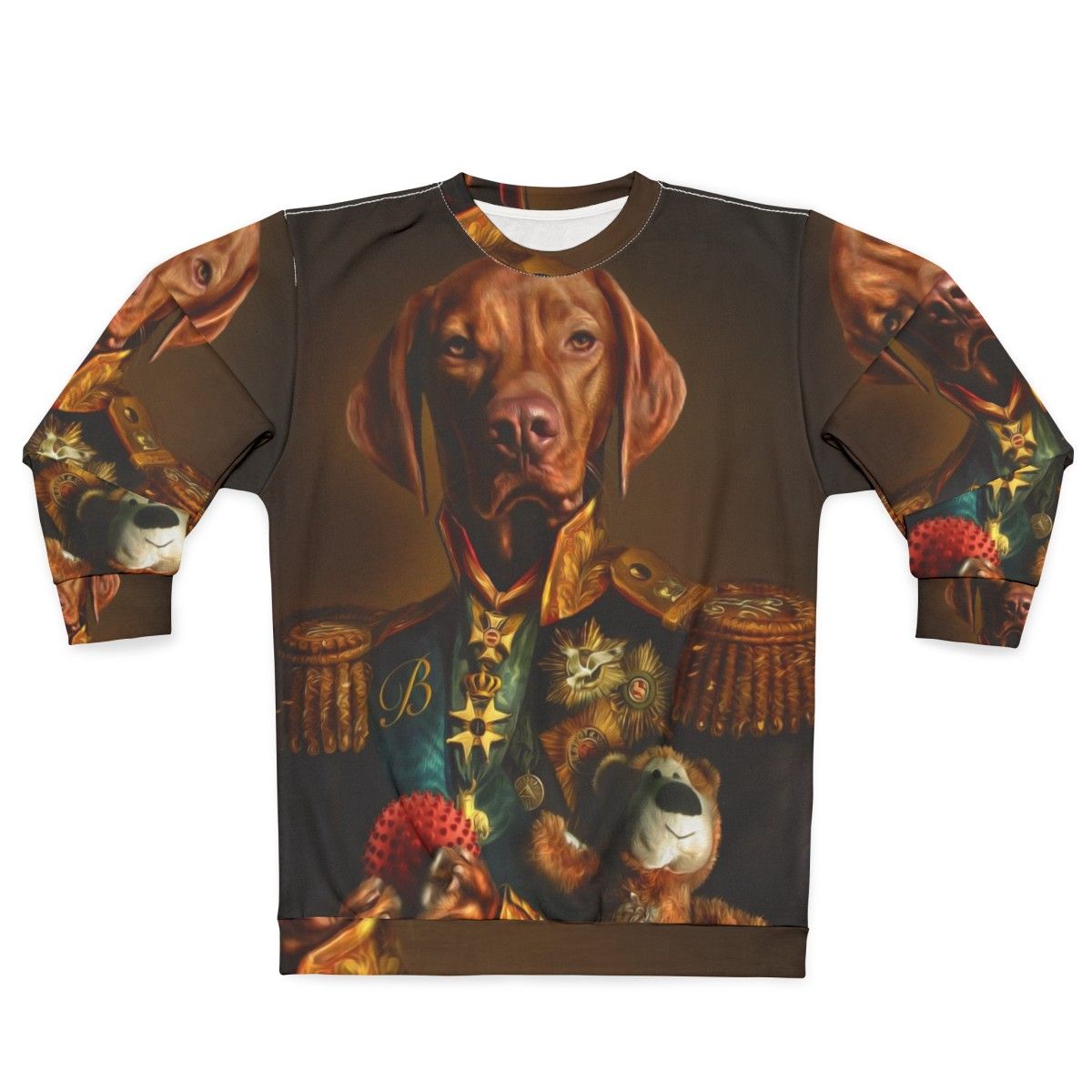 Hungarian Vizsla dog wearing a sweatshirt with a portrait of itself