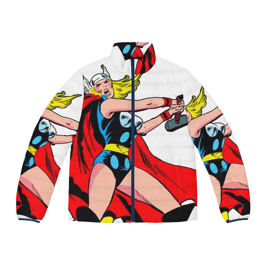 Jane Foster puffer jacket inspired by Thor: Love and Thunder featuring Mjolnir and vintage superhero elements