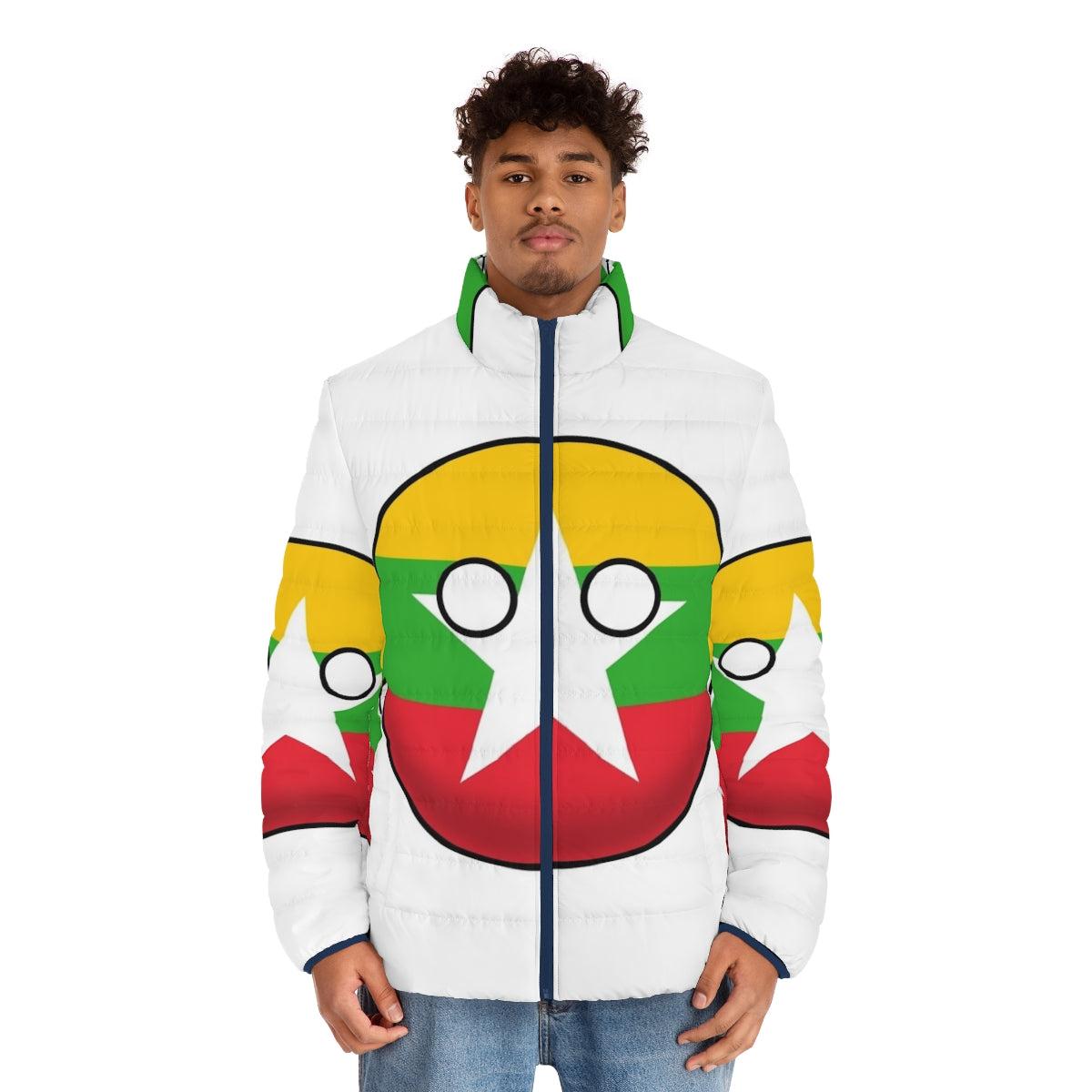 Myanmar Countryball Puffer Jacket featuring the flag and cultural elements of Myanmar - men front