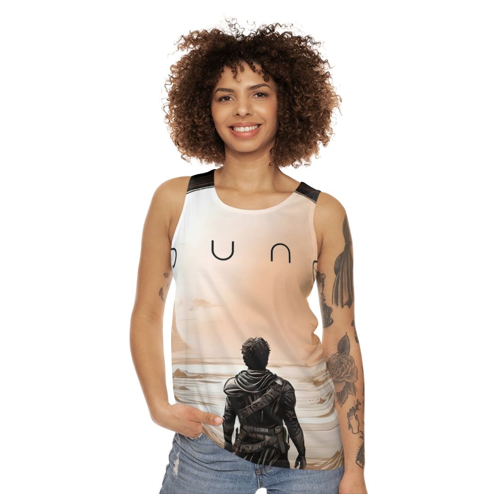 Dune Unisex Tank Top featuring the iconic desert landscape and imagery from the sci-fi classic - women