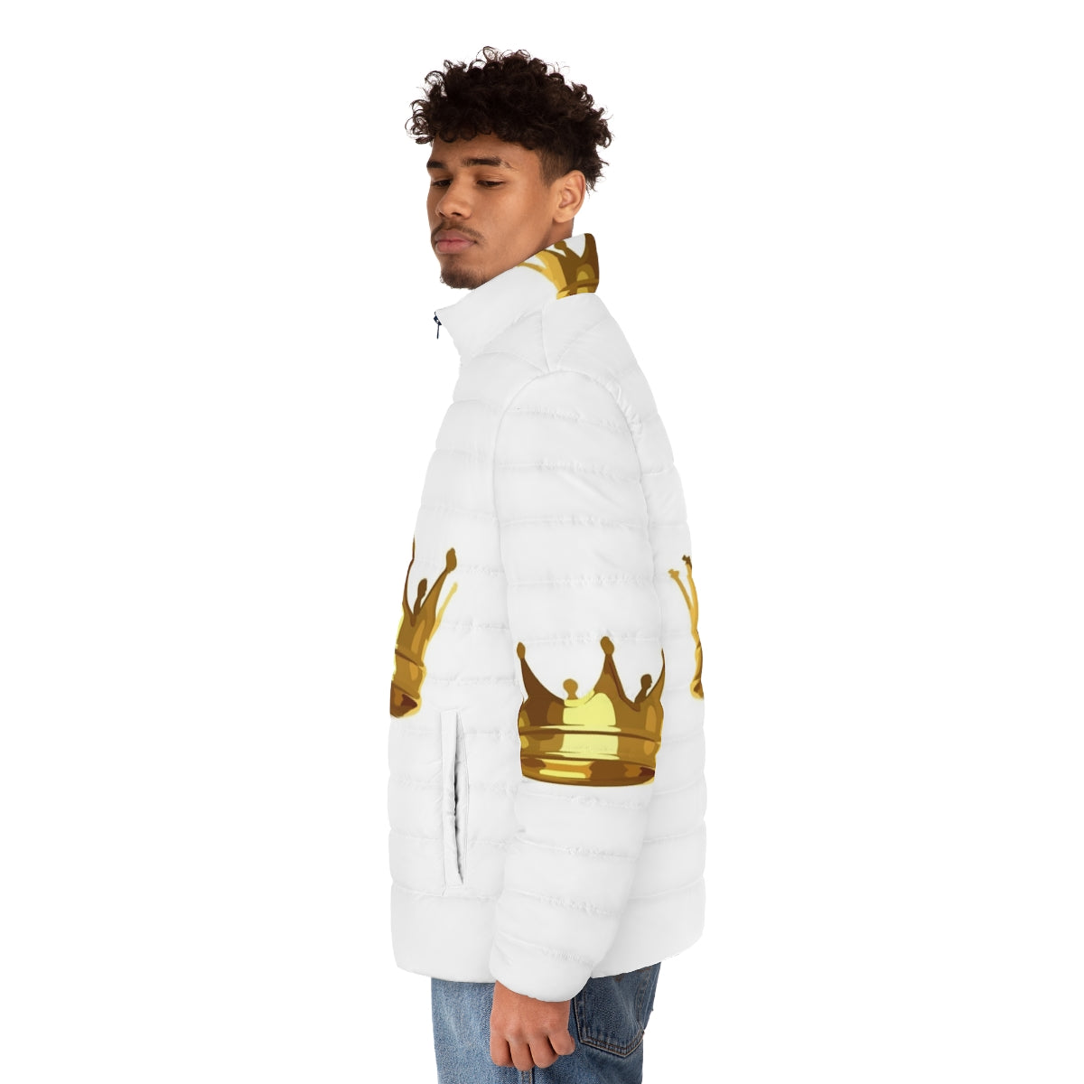 A golden puffer jacket with a regal crown design - men side left