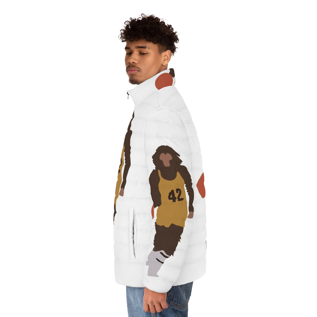 A stylish 80s-inspired teen wolf puffer jacket featuring iconic pop culture imagery - men side left