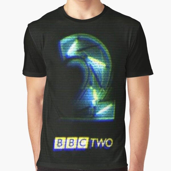 Vibrant neon BBC 2 logo graphic on a retro-style t-shirt for 90s fans