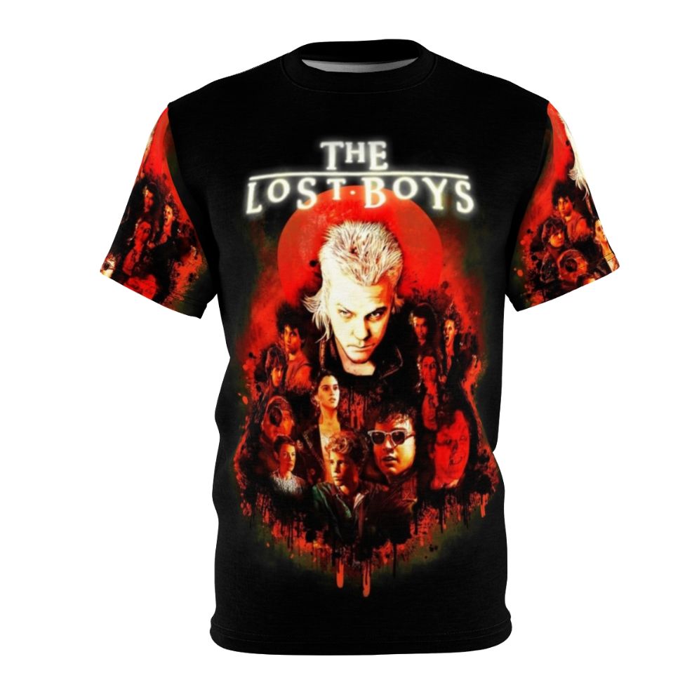 Retro Lost Boys horror movie-inspired t-shirt featuring vampire, frog brothers, and Santa Carla design