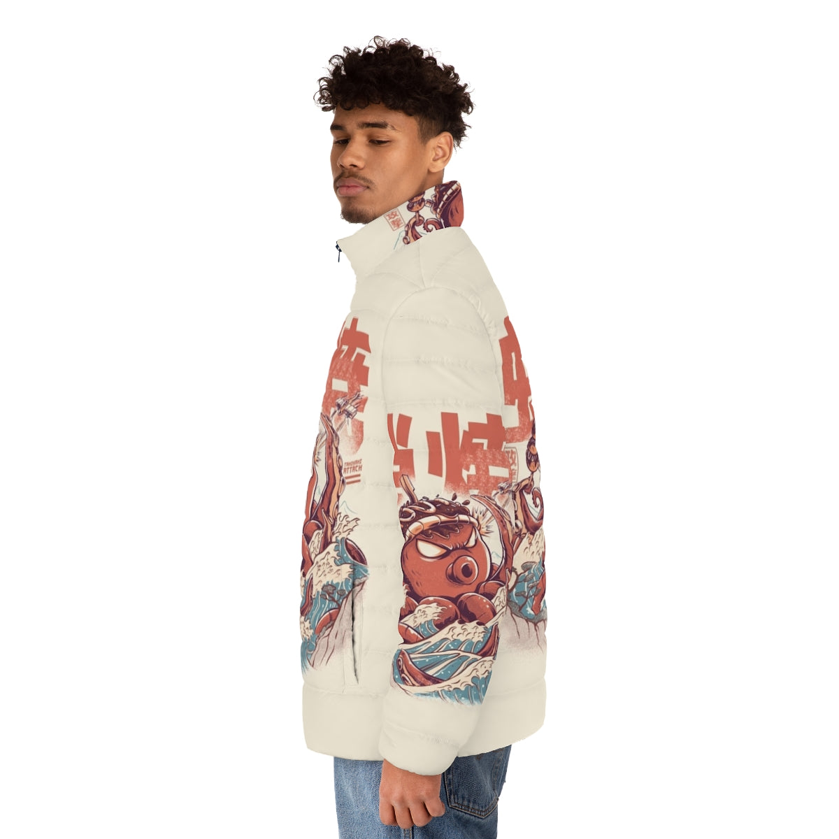 Takoyaki Attack Puffer Jacket - Anime inspired Japanese food and fashion design - men side left