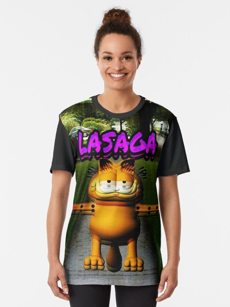 Lasagna graphic t-shirt featuring Garfield in a t-pose meme style - Women