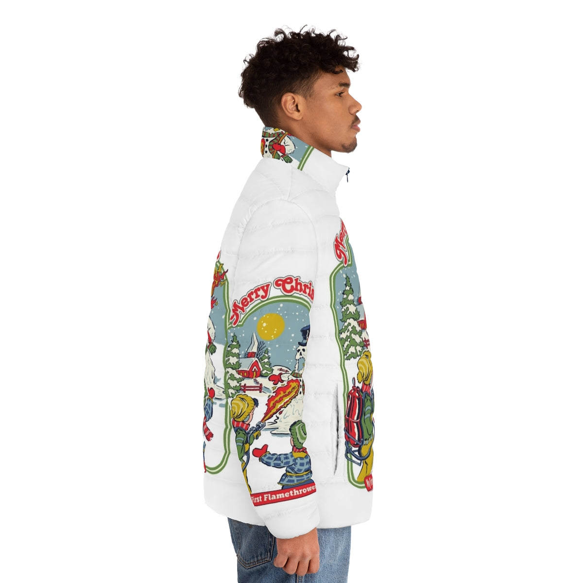 Retro funny flamethrower puffer jacket with winter, holiday, and nostalgic design - men side right