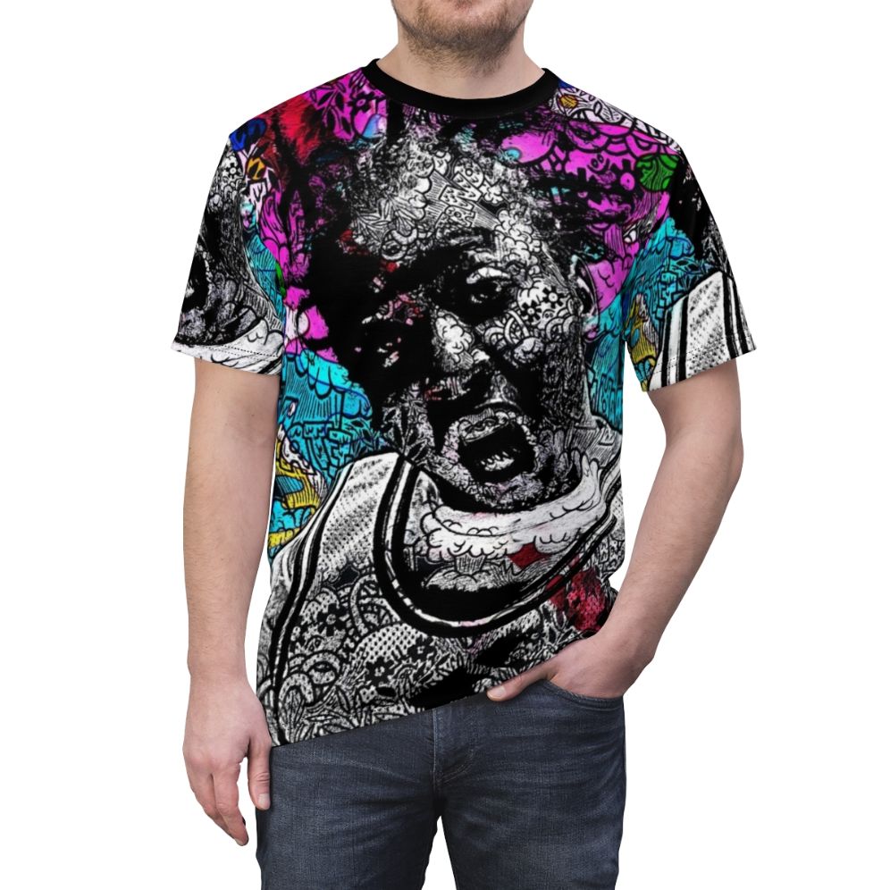 Vibrant all-over-print t-shirt featuring a bold graphic design inspired by the iconic Wu-Tang Clan member Ol' Dirty Bastard - men front