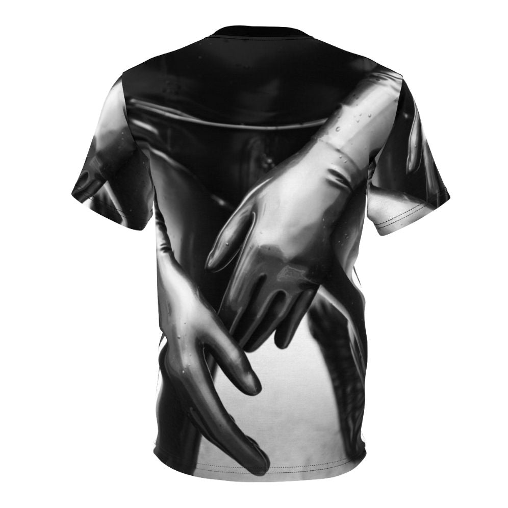 A black and white t-shirt design featuring a close-up of latex gloves with a shallow depth of field, creating an artsy and stylized look. - Back