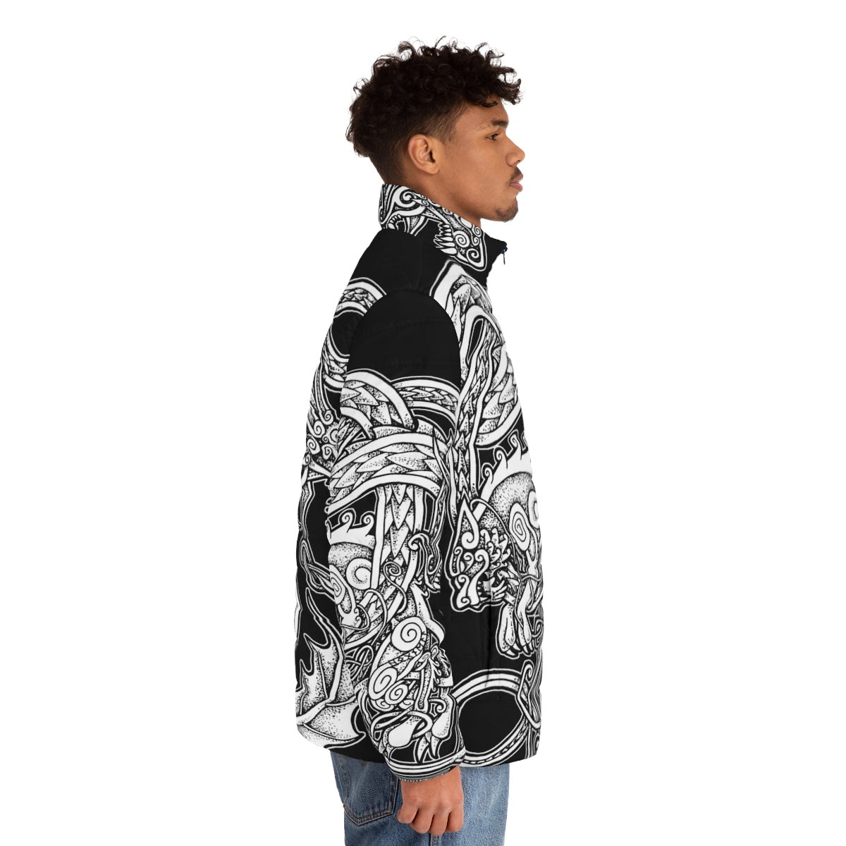 Fenrir and Jormungandr inspired puffer jacket with Norse and Viking design elements - men side right