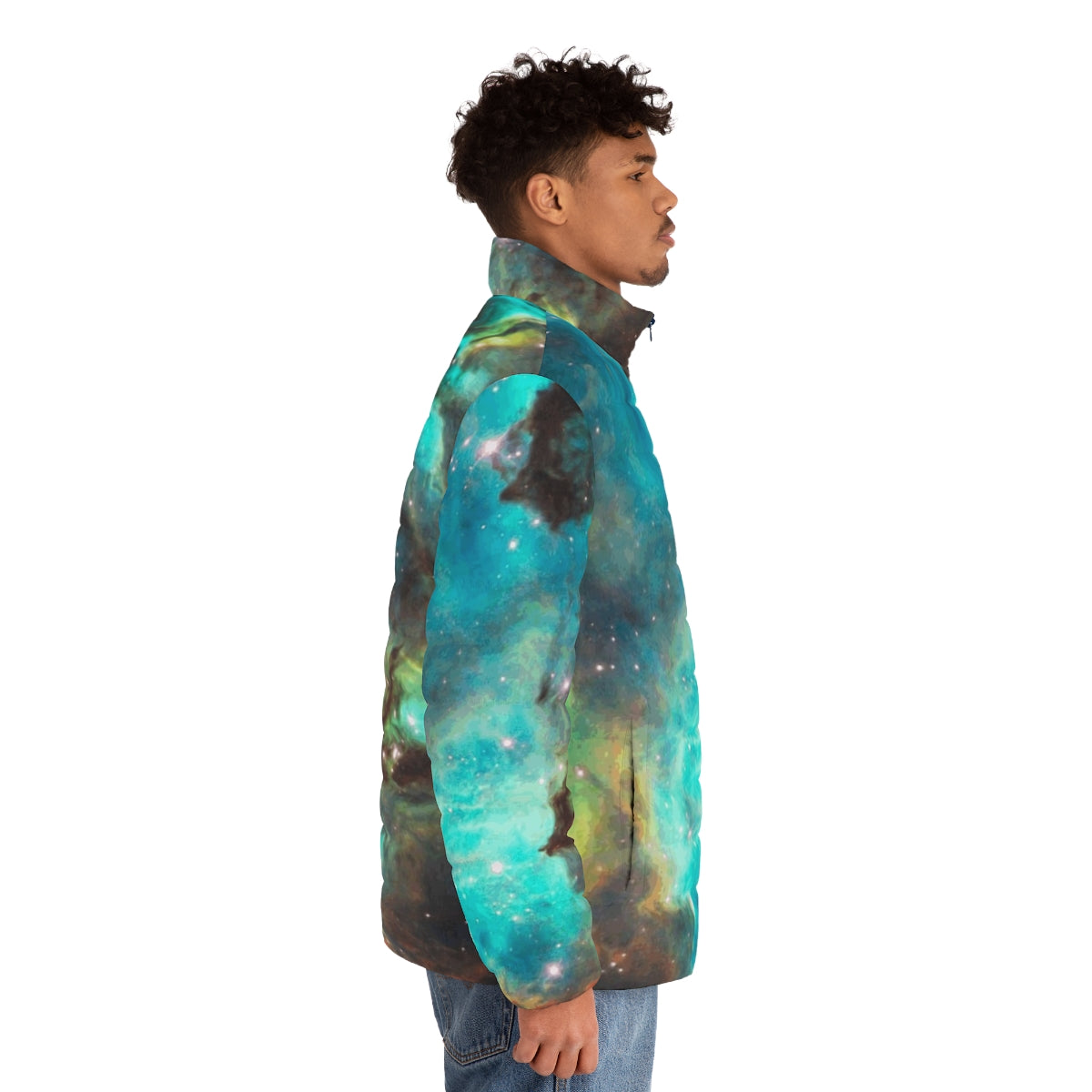 Green galaxy puffer jacket with cosmic, spacey design - men side right