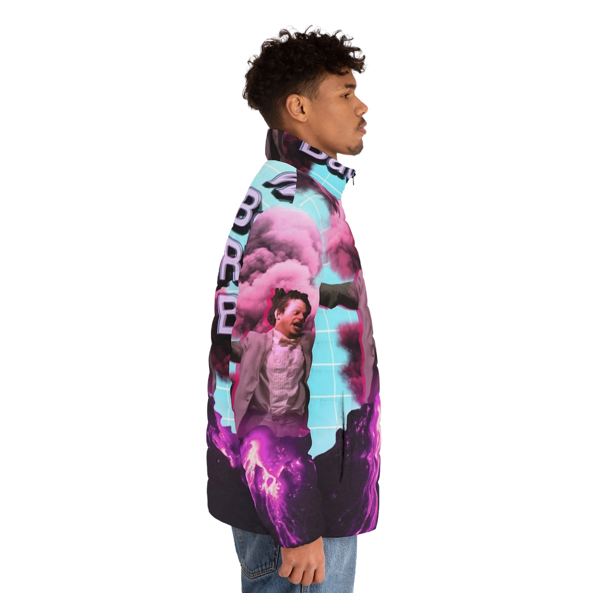 Eric Andre inspired aesthetic puffer jacket with retro vaporwave design - men side right