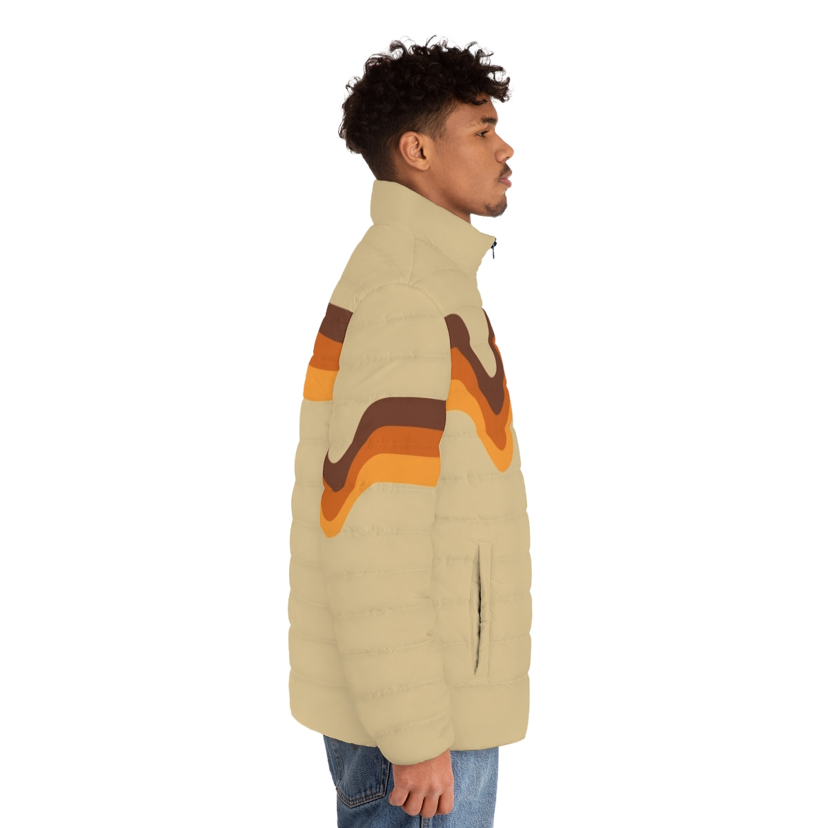 Retro 1970s puffer jacket with brown, orange and yellow chevron stripes - men side right