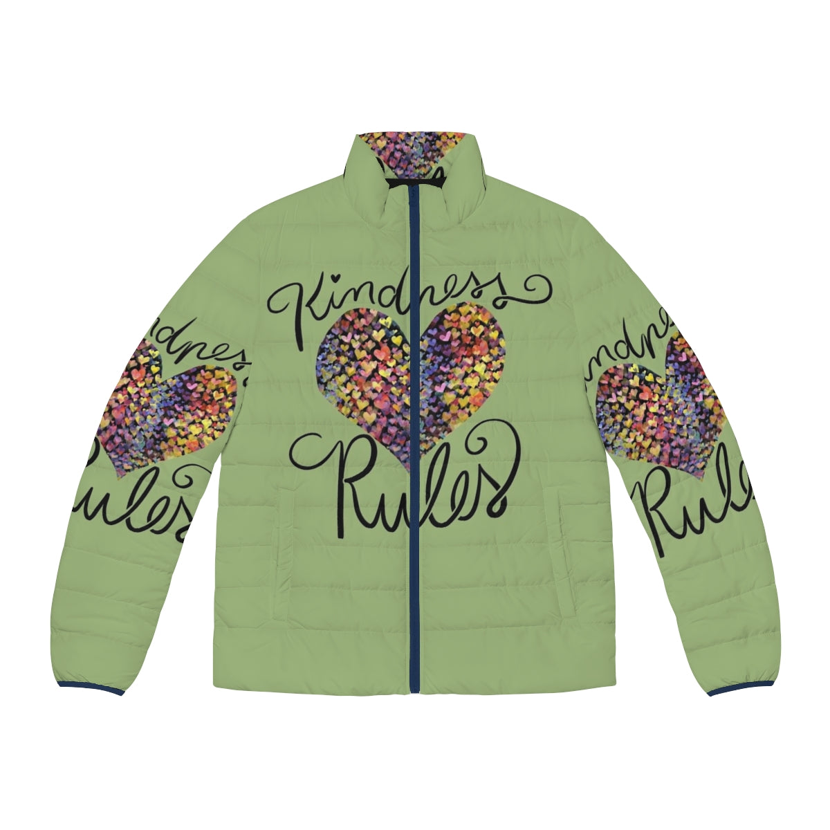 Kindness Rules Puffer Jacket with a Colorful Rainbow Heart Design