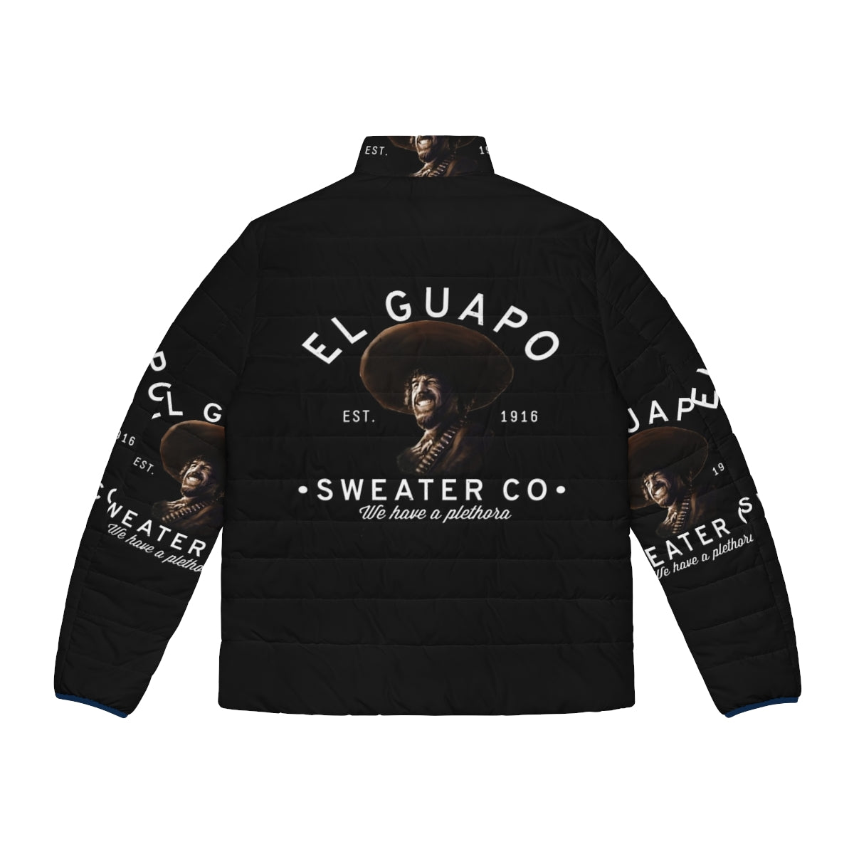 Retro El Guapo Sweater Co puffer jacket with Three Amigos inspired design - Back