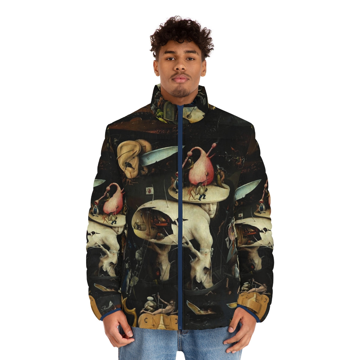 Hieronymus Bosch inspired puffer jacket featuring surreal, fantasy, and Christian imagery - men front