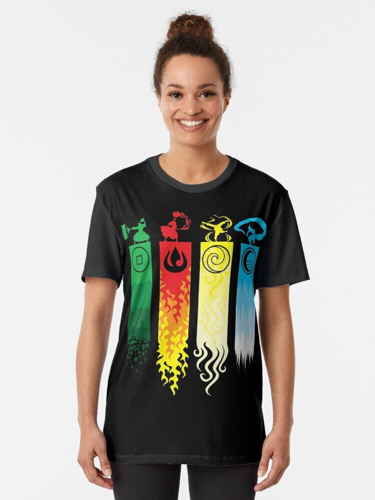 Avatar: The Legend of Aang Graphic T-Shirt featuring Aang and the four elements of water, fire, air, and earth. - Women