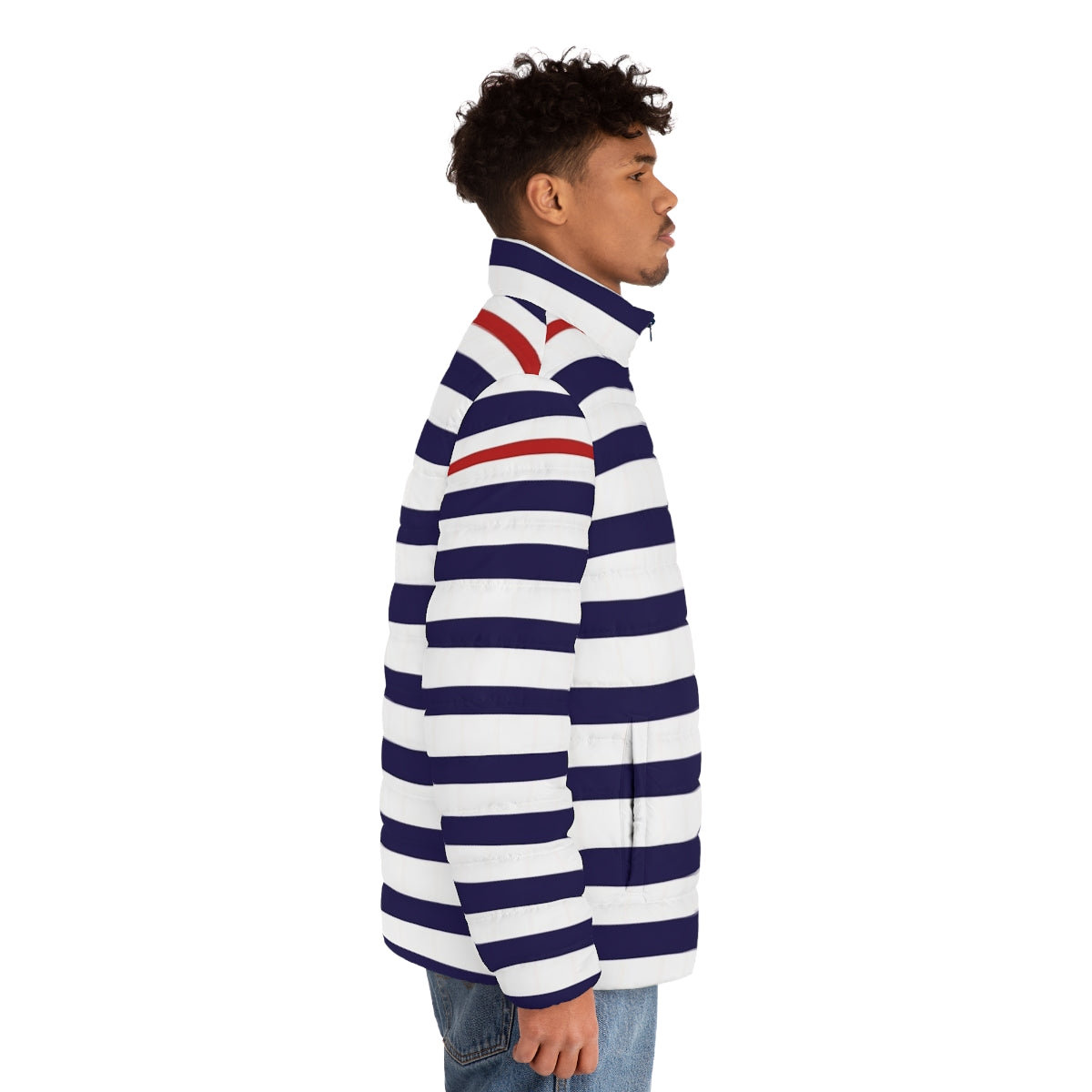 Minimalist Nautical III Blue and White Striped Puffer Jacket - men side right