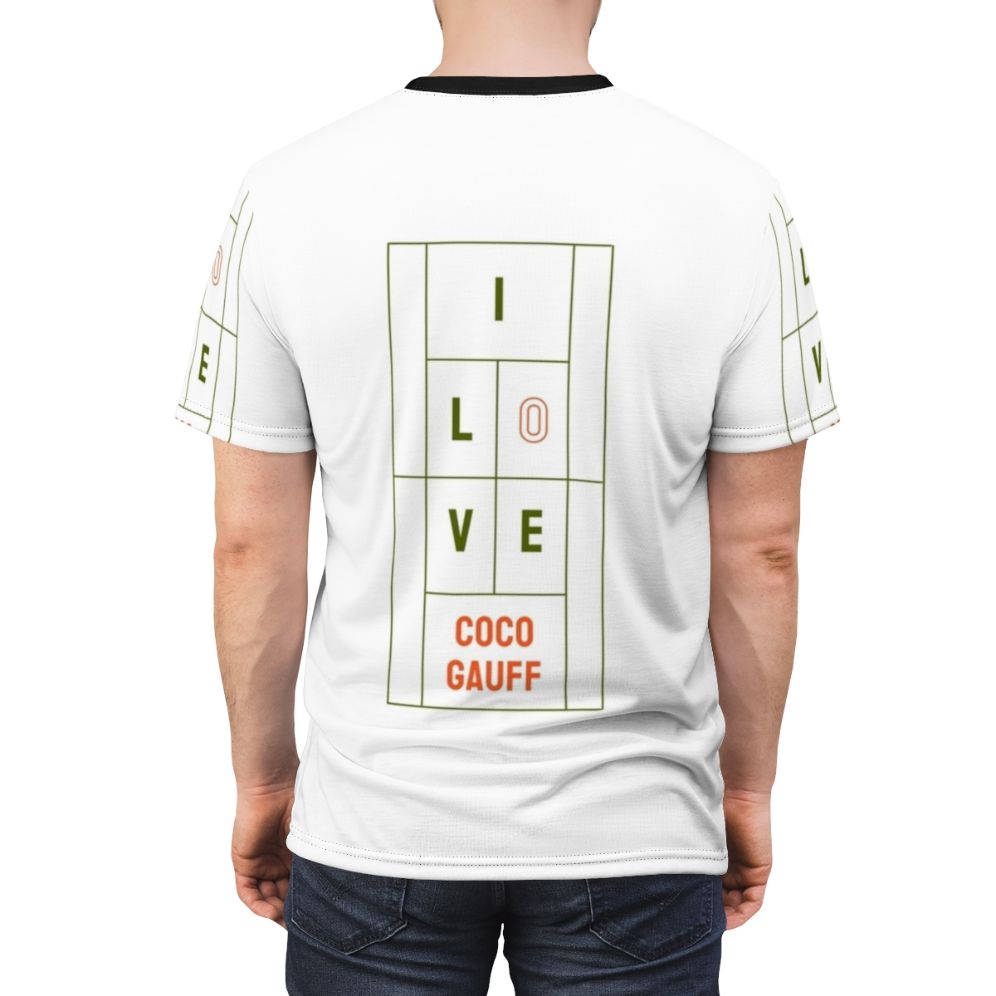 Coco Gauff inspired All-Over Print T-Shirt featuring a tennis court and ball design - men back