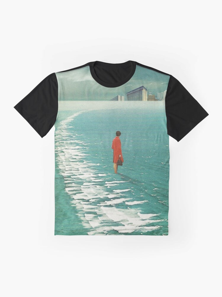 Vintage collage graphic t-shirt featuring a surreal landscape with a woman waiting for the cities to fade out, set against a dark sky and ocean. - Flat lay