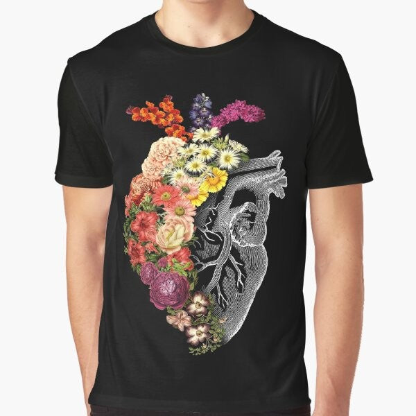 Graphic t-shirt with a flower heart design representing spring, transformation, and change.