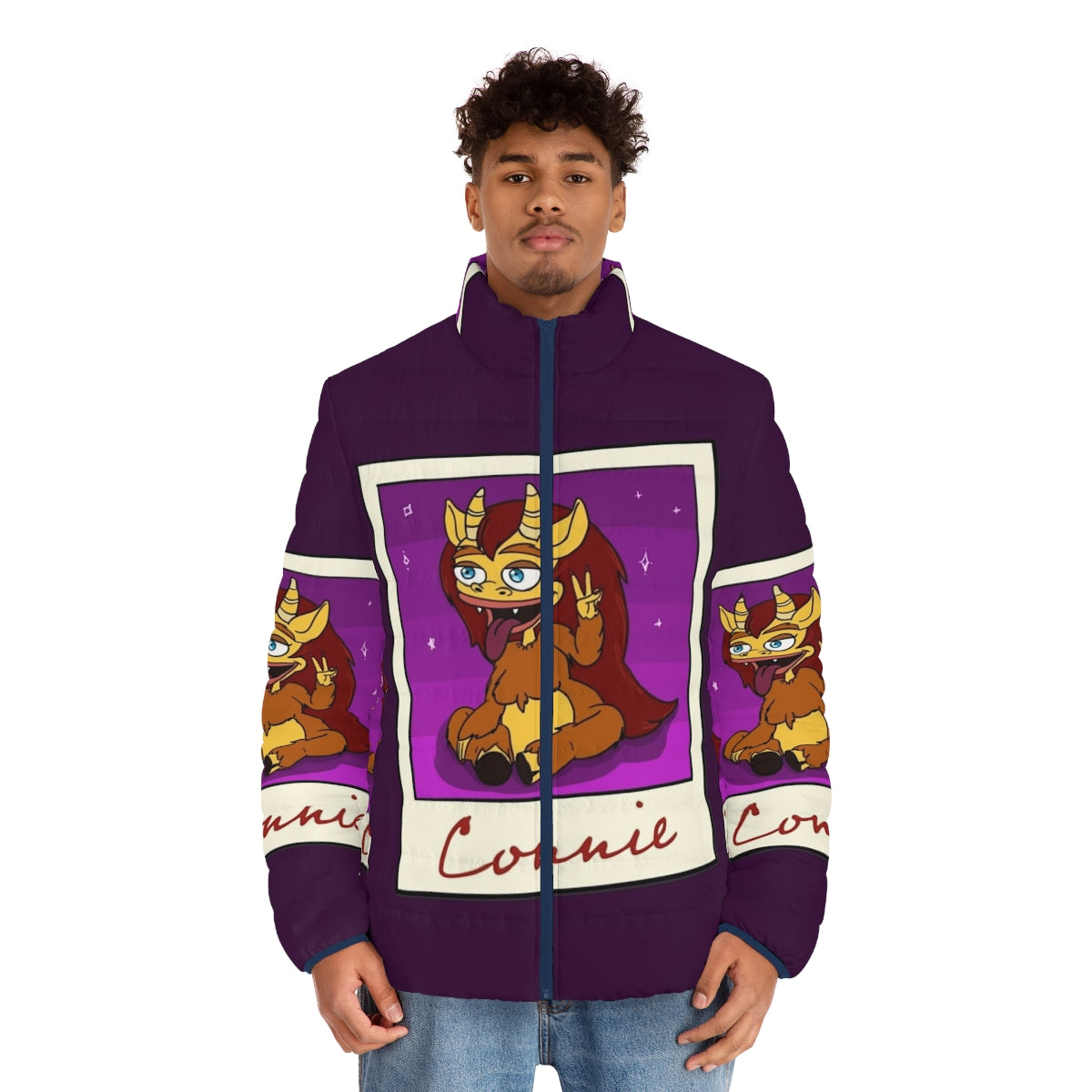 A cozy and stylish puffer jacket featuring Connie the Hormone Monster from the Netflix series Big Mouth. - men front