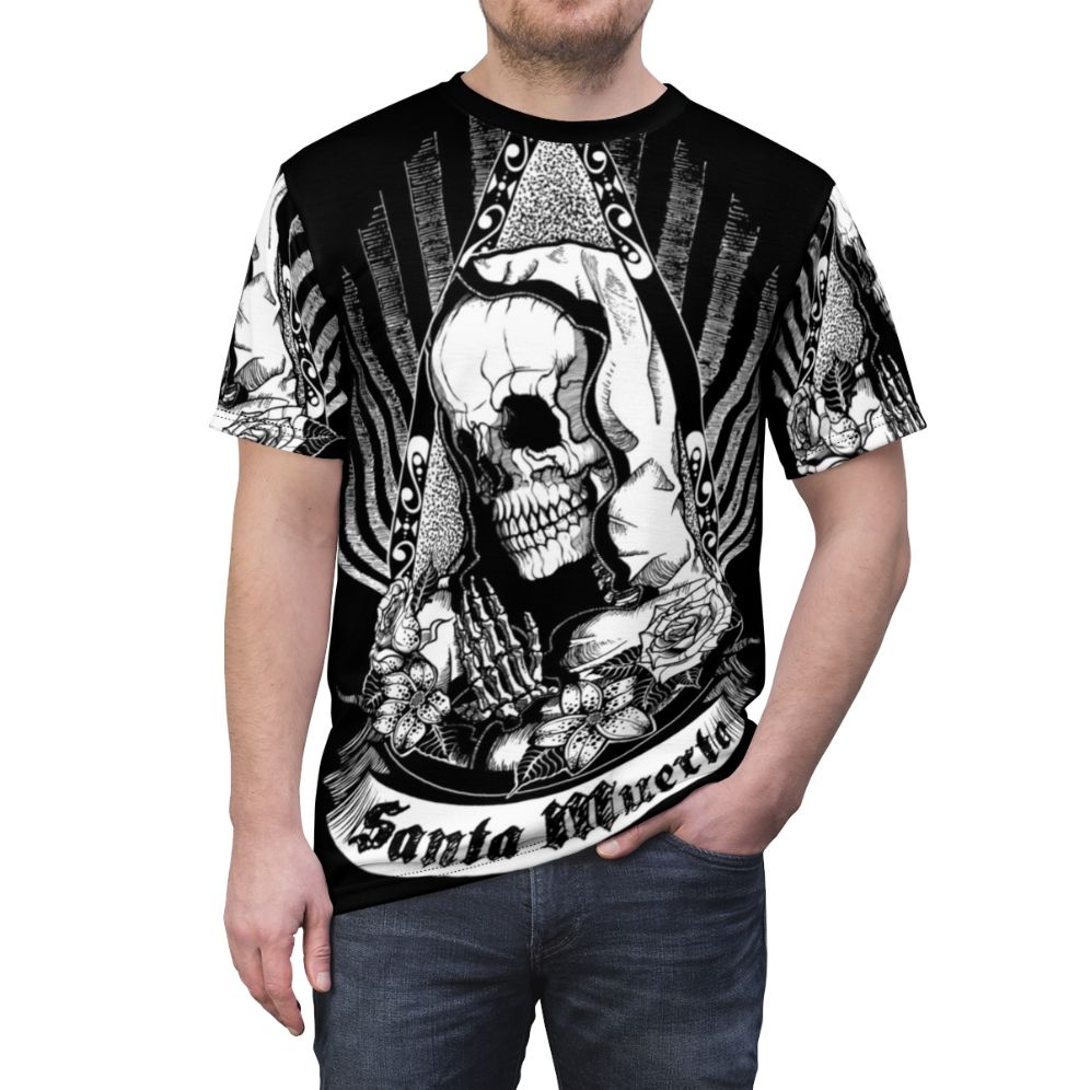 Dark graphic t-shirt with a Santa Muerte design featuring a skull, skeleton flowers, and occult symbols representing Mexican folklore and culture. - men front