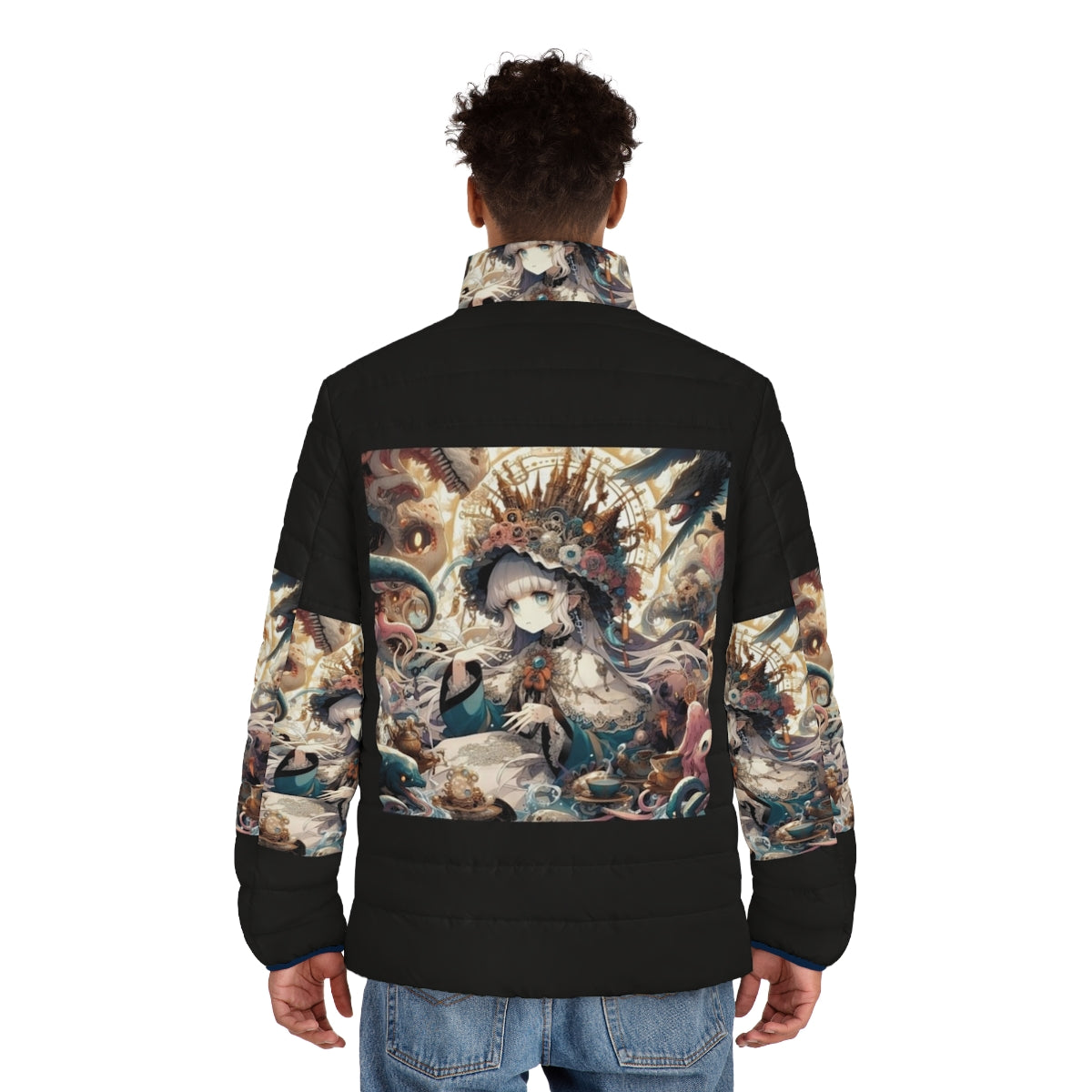 Anime-inspired puffer jacket with a kawaii design featuring a beautiful anime girl - men back