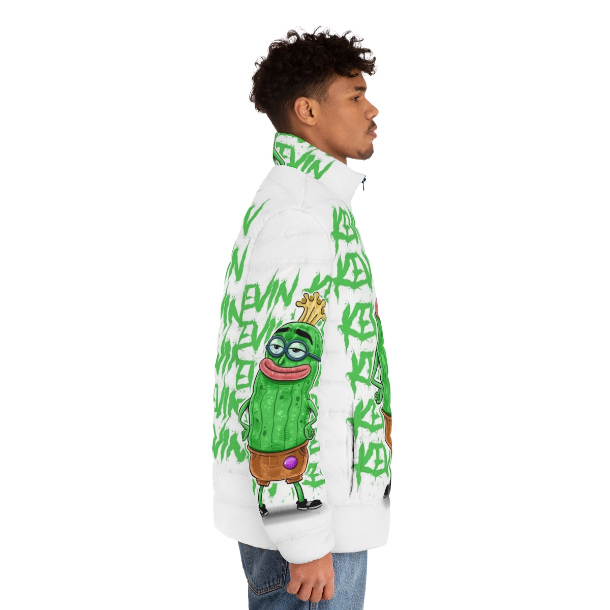 Spongebob Kevin the Sea Cucumber Puffer Jacket featuring characters from the Nickelodeon cartoon Spongebob Squarepants - men side right