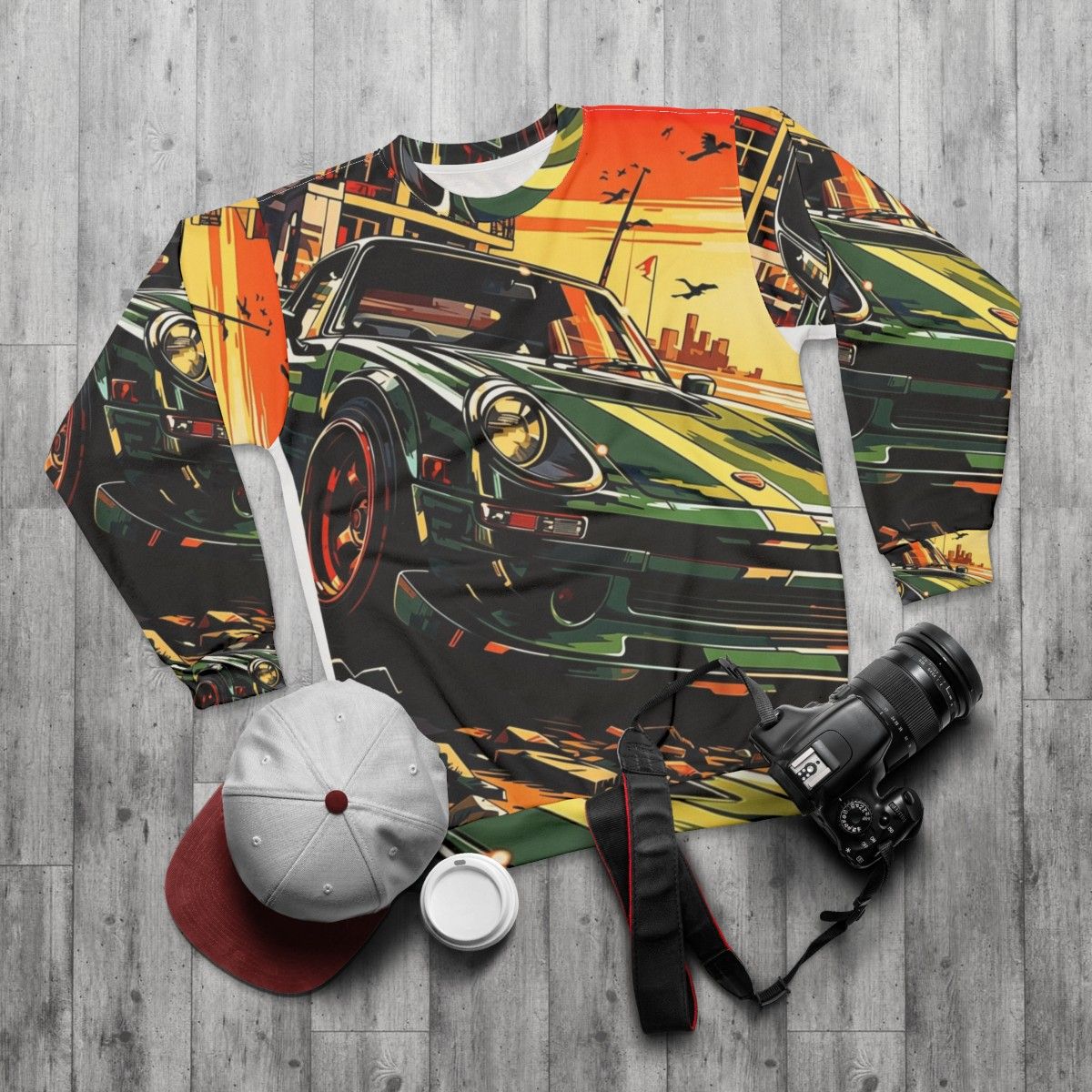 Beachside Cruise Sweatshirt with race car, motorsport, and drift design - flat lay