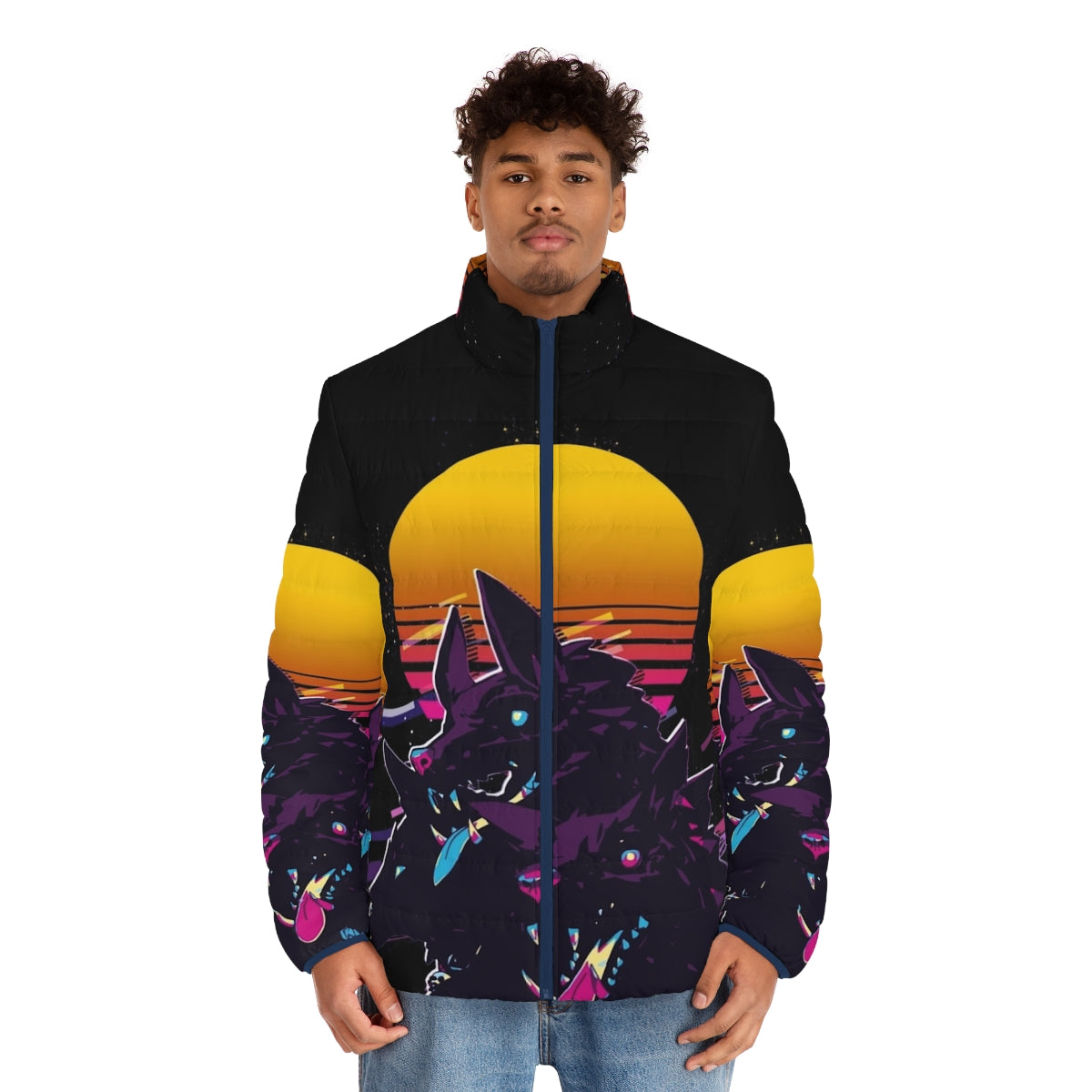 Cerberus Hades 80s Retro Puffer Jacket featuring the three-headed hellhound of Greek mythology - men front