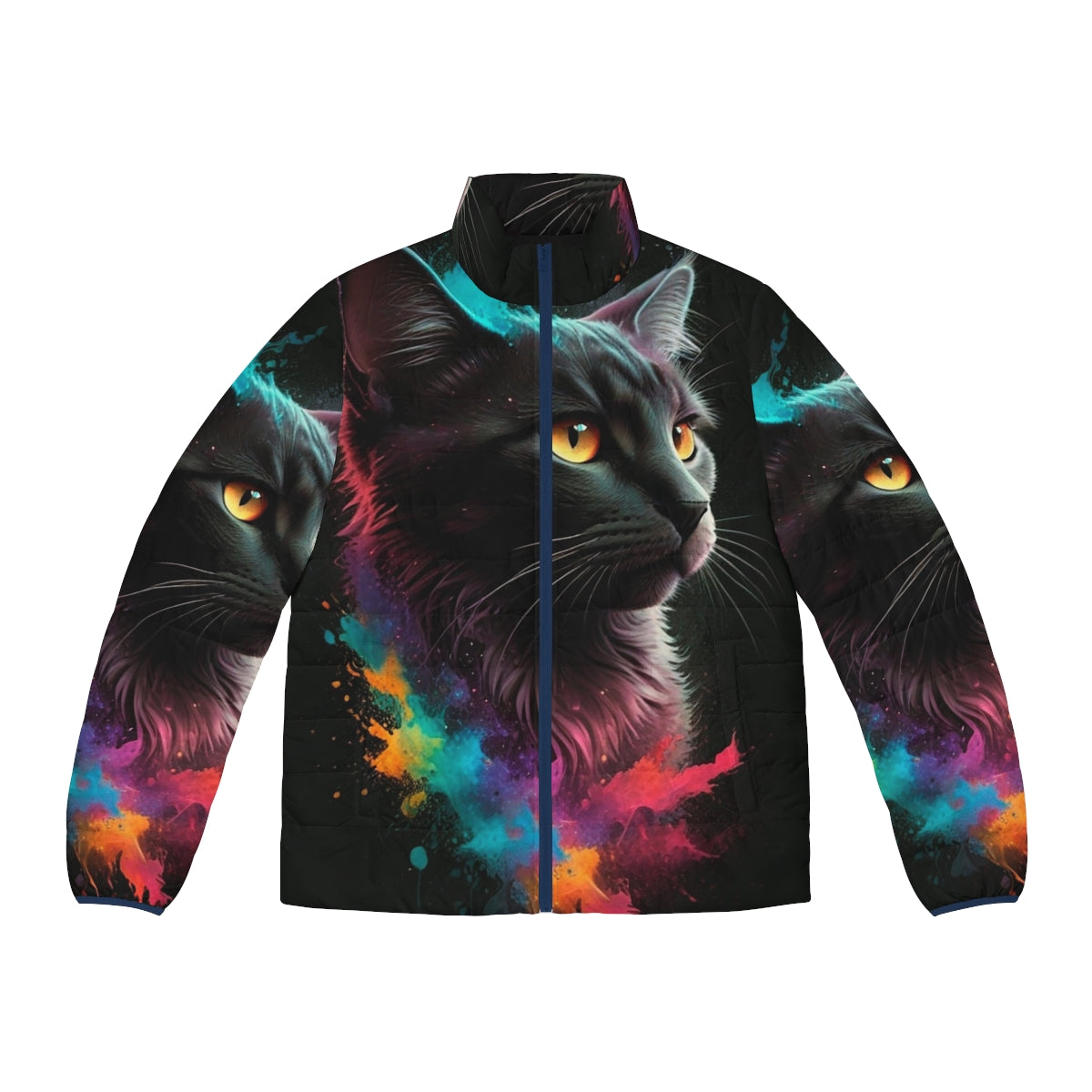 A colorful and whimsical puffer jacket featuring a vibrant splash cat design.