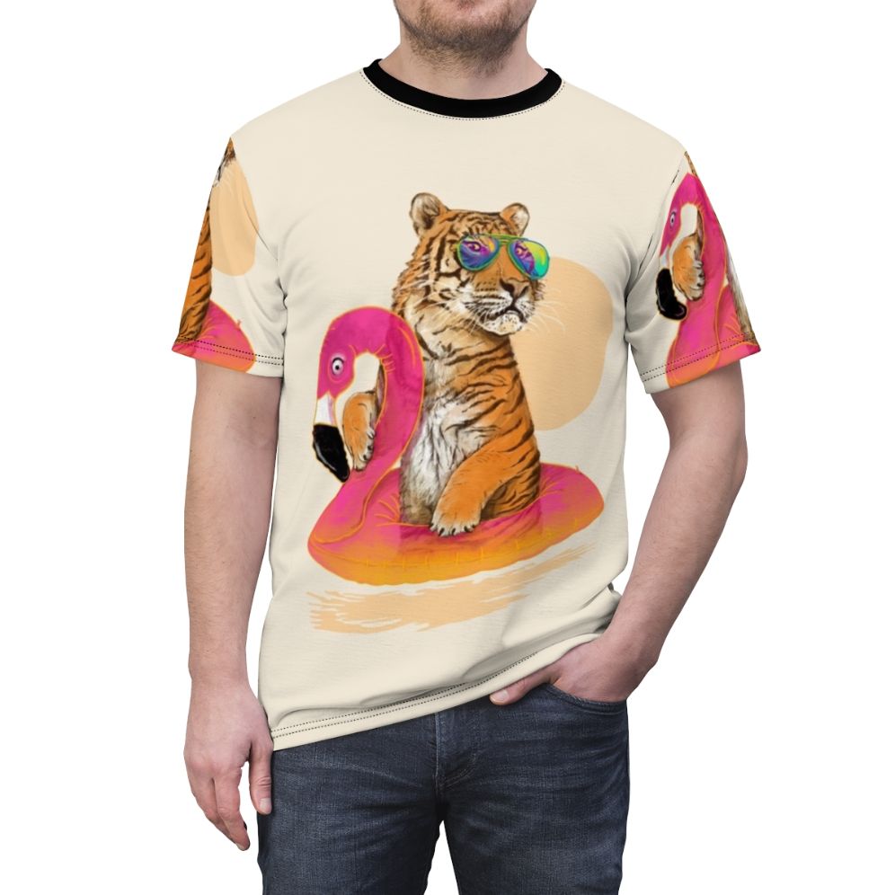 Artistic illustration of a chillin' flamingo and tiger on a pastel tropical t-shirt design - men front