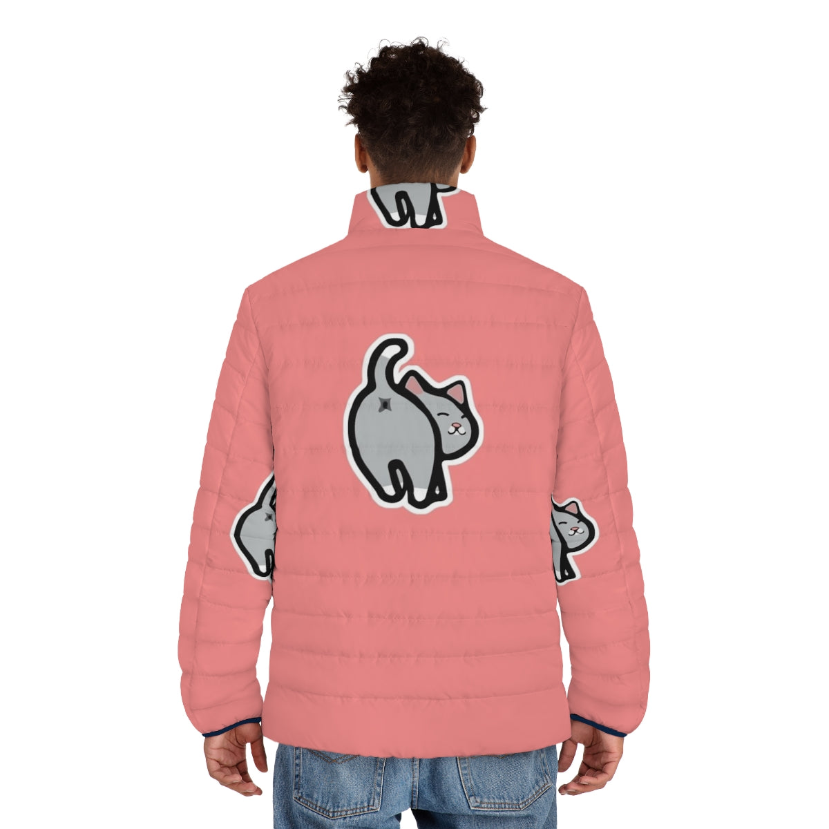 Puffer jacket with a quirky and hilarious cat butt design, perfect for cat lovers and social media enthusiasts - men back