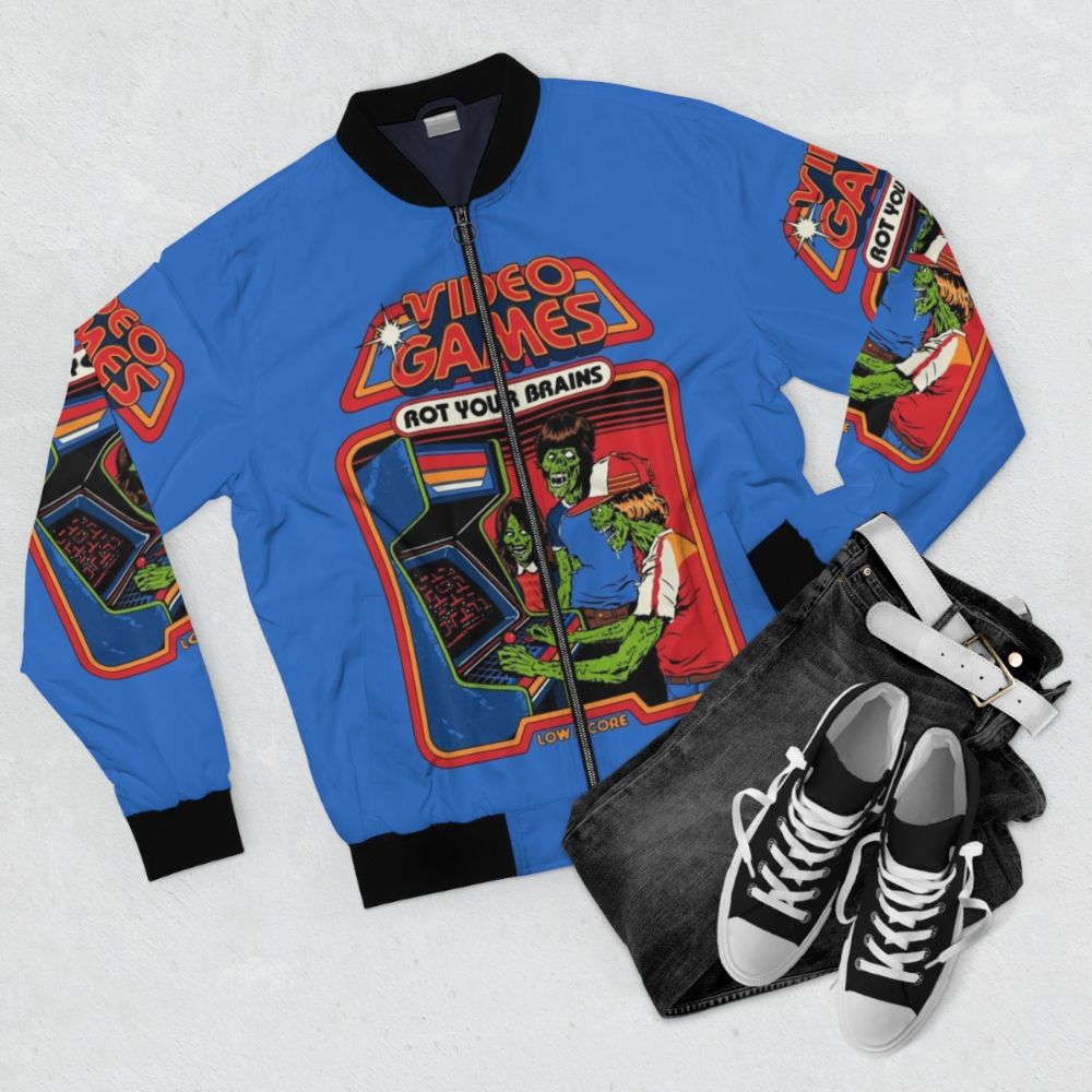 Retro video games bomber jacket with a vintage design and zombie brains theme - Flat lay