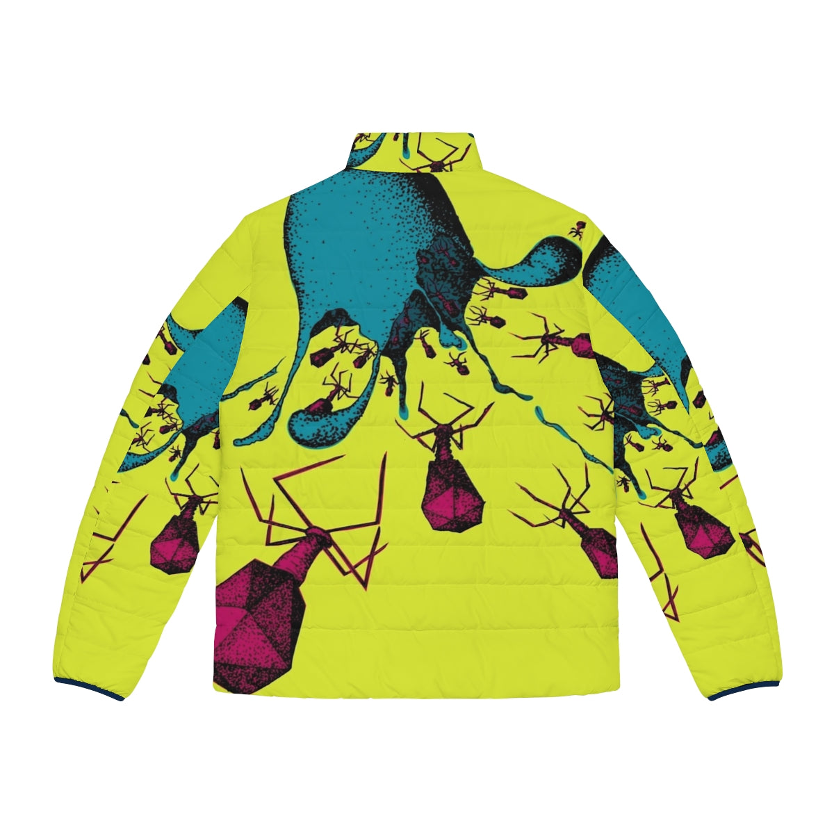 Colorful puffer jacket featuring lysis and bacteriophage artwork - Back