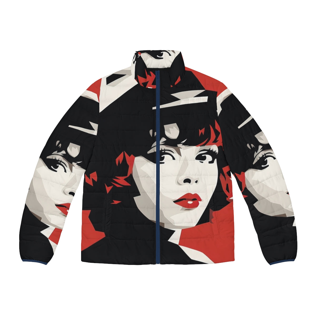 Vintage-inspired red puffer jacket with a minimalist design, paying tribute to silent film star Clara Bow